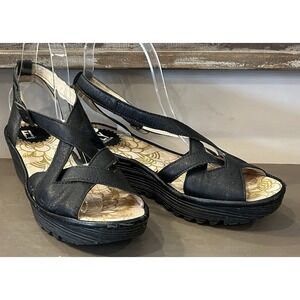 Fly London Women's Size 39  (8.5) Black Leather Strappy Wedge Sandals